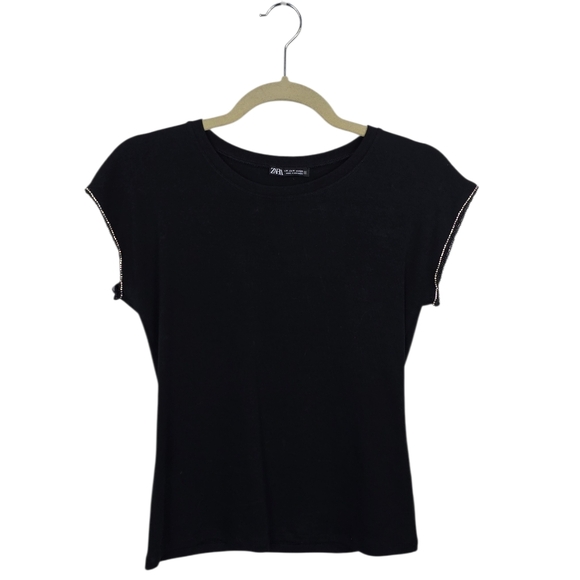Zara Tops - Zara Rhinestone Embellished Cap Sleeve Black Tee Medium